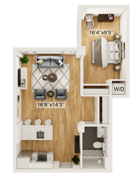 Floor plan for 1 bed, 1 bath, 696 sqft